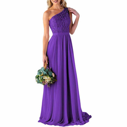 One Shoulder Bridesmaid Dresses Long for Wedding with Pockets Lace Bodice A-Line Chiffon Formal Party Gown