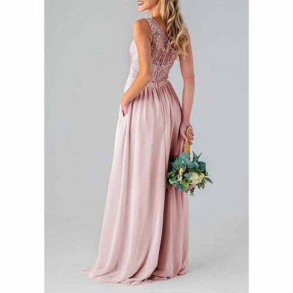 One Shoulder Bridesmaid Dresses Long for Wedding with Pockets Lace Bodice A-Line Chiffon Formal Party Gown