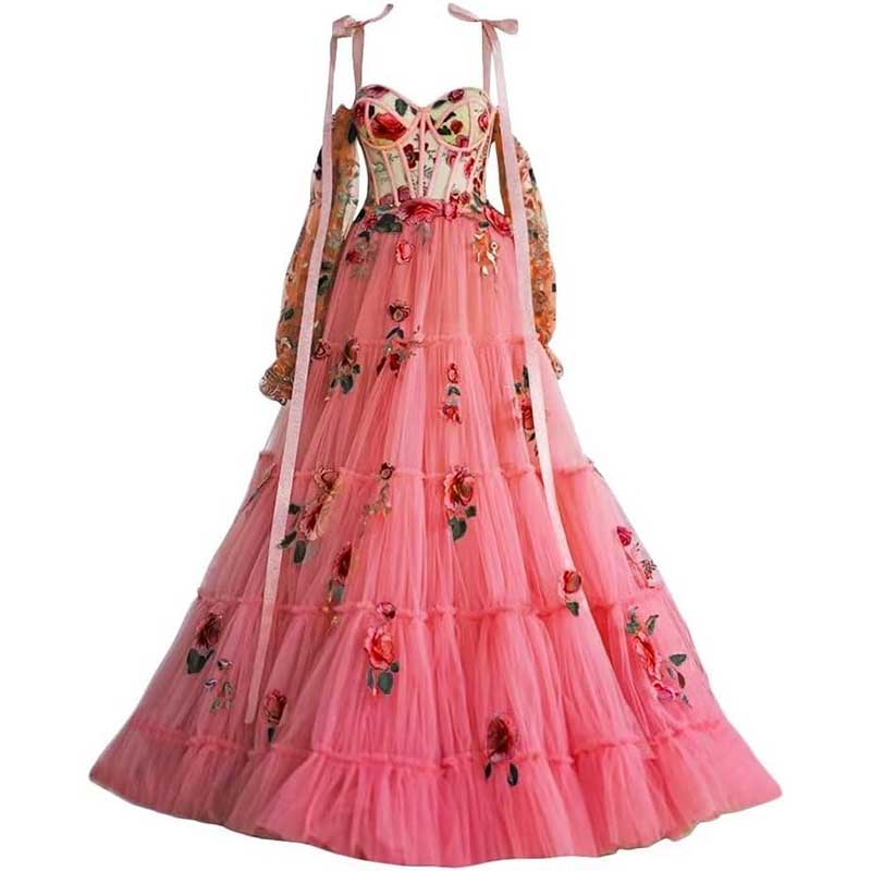 Long Sleeves Prom Dresses Applique Flower Tulle Evening Party Ball Gowns