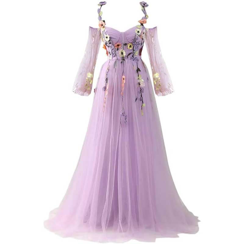 Long Sleeves Prom Dresses Applique Flower Tulle Evening Party Ball Gowns