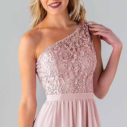 One Shoulder Bridesmaid Dresses Long for Wedding with Pockets Lace Bodice A-Line Chiffon Formal Party Gown