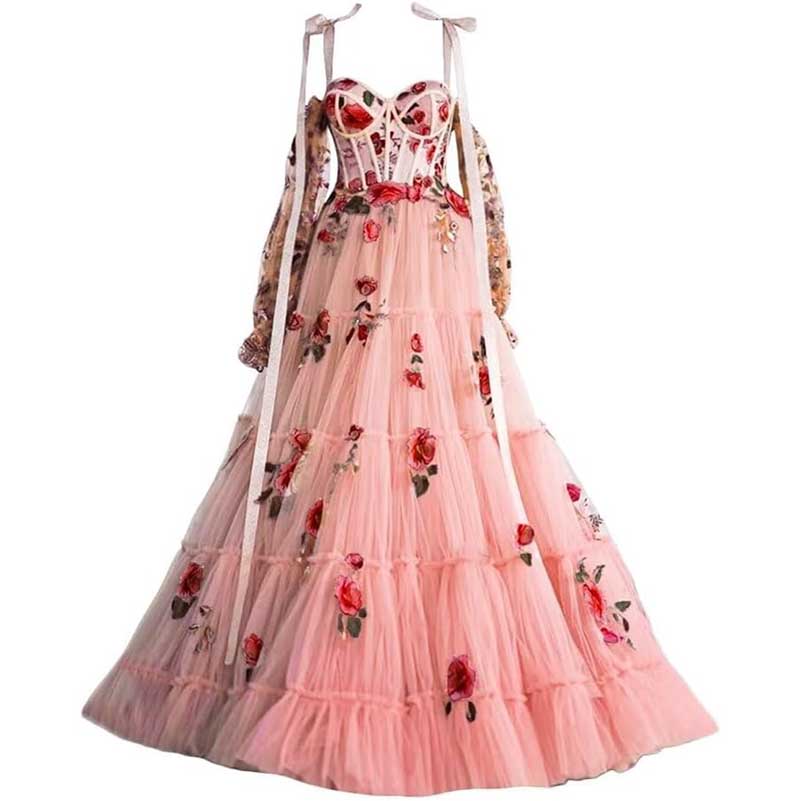 Long Sleeves Prom Dresses Applique Flower Tulle Evening Party Ball Gowns