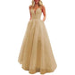 Spaghetti Strap Tulle Prom Dresses Long Ball Gown V-neck Lace Appliques Evening Dress