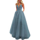 Spaghetti Strap Tulle Prom Dresses Long Ball Gown V-neck Lace Appliques Evening Dress