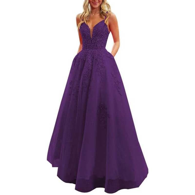 Spaghetti Strap Tulle Prom Dresses Long Ball Gown V-neck Lace Appliques Evening Dress