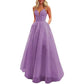 Spaghetti Strap Tulle Prom Dresses Long Ball Gown V-neck Lace Appliques Evening Dress