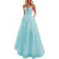 Spaghetti Strap Tulle Prom Dresses Long Ball Gown V-neck Lace Appliques Evening Dress