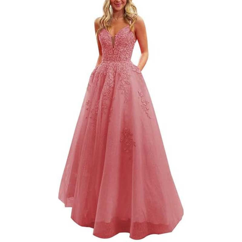 Spaghetti Strap Tulle Prom Dresses Long Ball Gown V-neck Lace Appliques Evening Dress