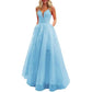 Spaghetti Strap Tulle Prom Dresses Long Ball Gown V-neck Lace Appliques Evening Dress