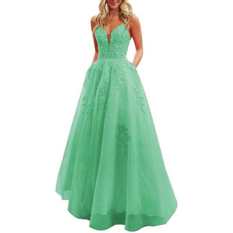 Spaghetti Strap Tulle Prom Dresses Long Ball Gown V-neck Lace Appliques Evening Dress