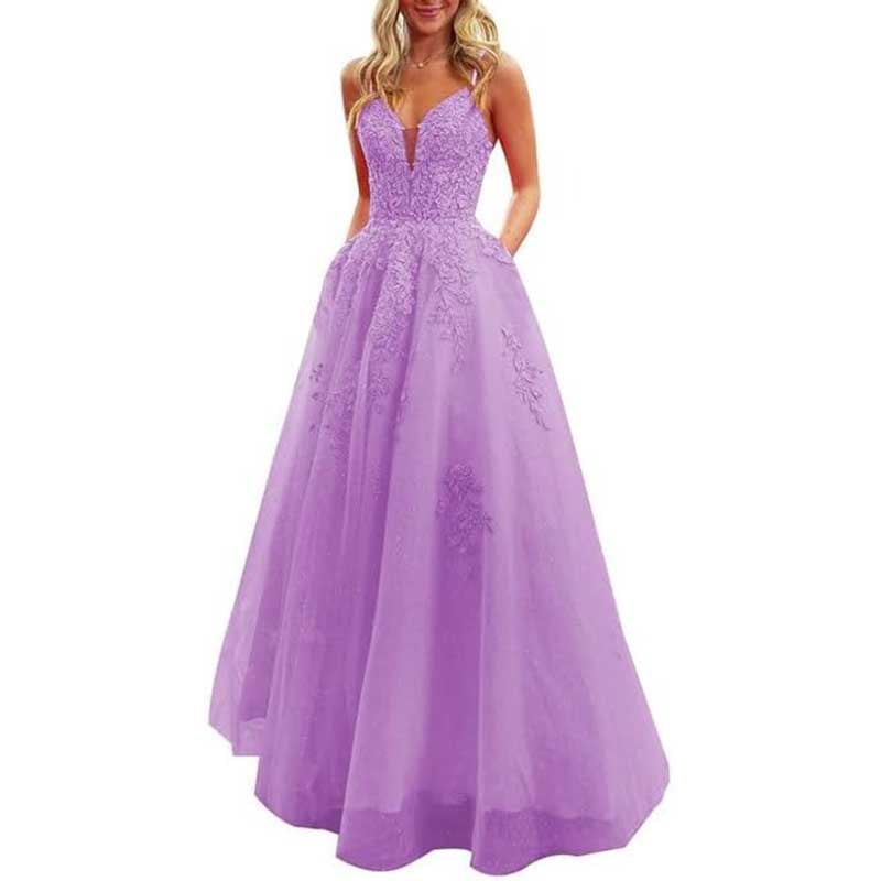 Spaghetti Strap Tulle Prom Dresses Long Ball Gown V-neck Lace Appliques Evening Dress