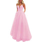 Spaghetti Strap Tulle Prom Dresses Long Ball Gown V-neck Lace Appliques Evening Dress