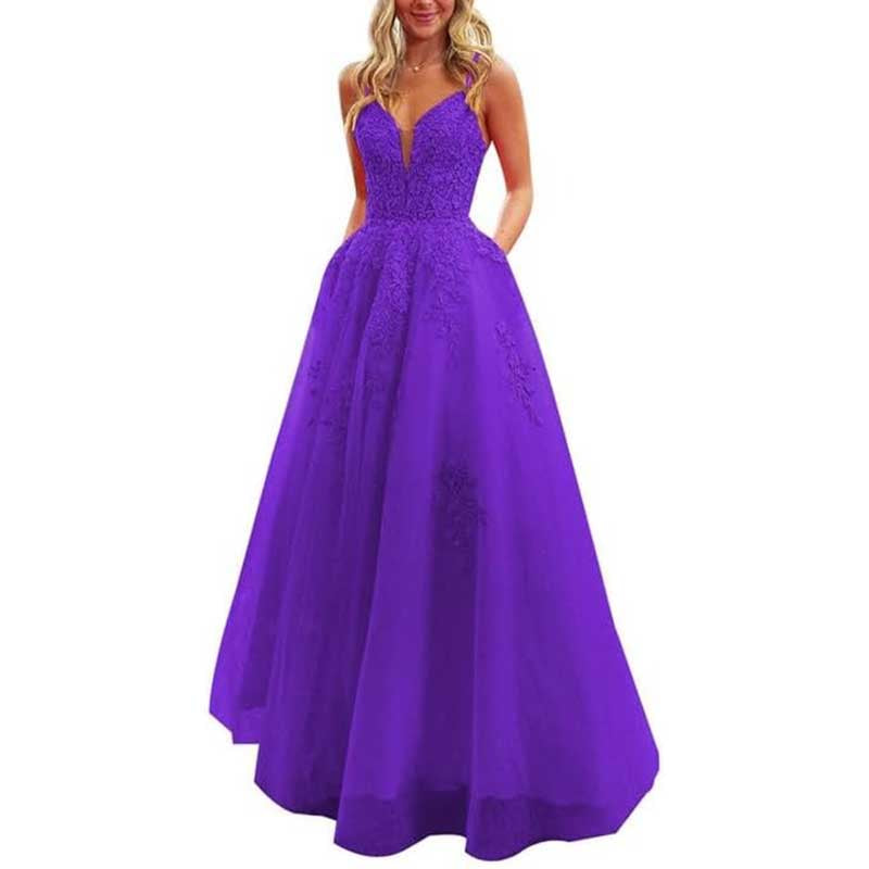 Spaghetti Strap Tulle Prom Dresses Long Ball Gown V-neck Lace Appliques Evening Dress