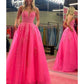 Spaghetti Strap Tulle Prom Dresses Long Ball Gown V-neck Lace Appliques Evening Dress