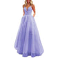 Spaghetti Strap Tulle Prom Dresses Long Ball Gown V-neck Lace Appliques Evening Dress