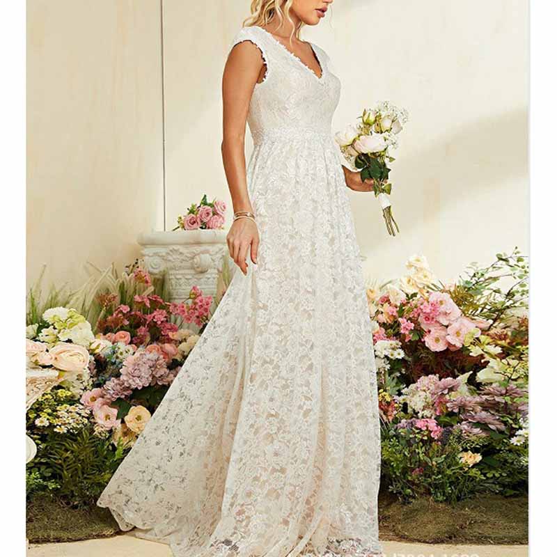 Lace V Neck Wedding Dress – Elegant A Line Bridesmaid Gown for Boho Weddings