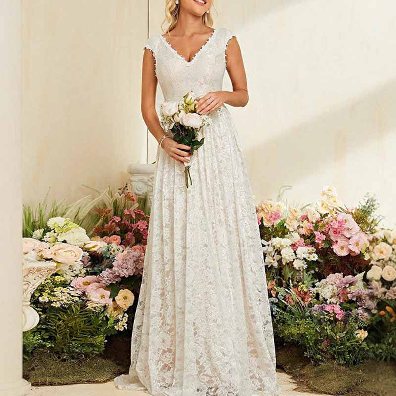 Lace V Neck Wedding Dress – Elegant A Line Bridesmaid Gown for Boho Weddings
