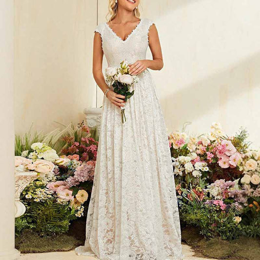 Lace V Neck Wedding Dress – Elegant A Line Bridesmaid Gown for Boho Weddings
