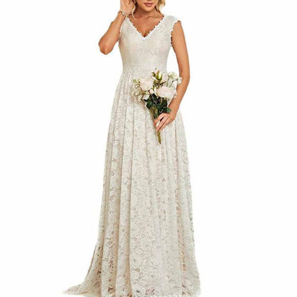 Lace V Neck Wedding Dress – Elegant A Line Bridesmaid Gown for Boho Weddings