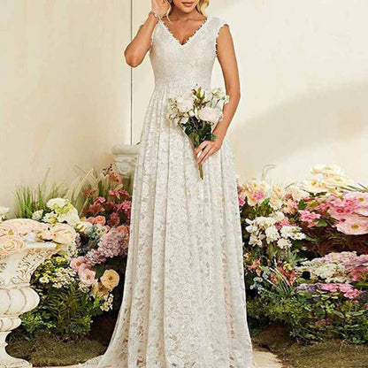 Lace V Neck Wedding Dress – Elegant A Line Bridesmaid Gown for Boho Weddings