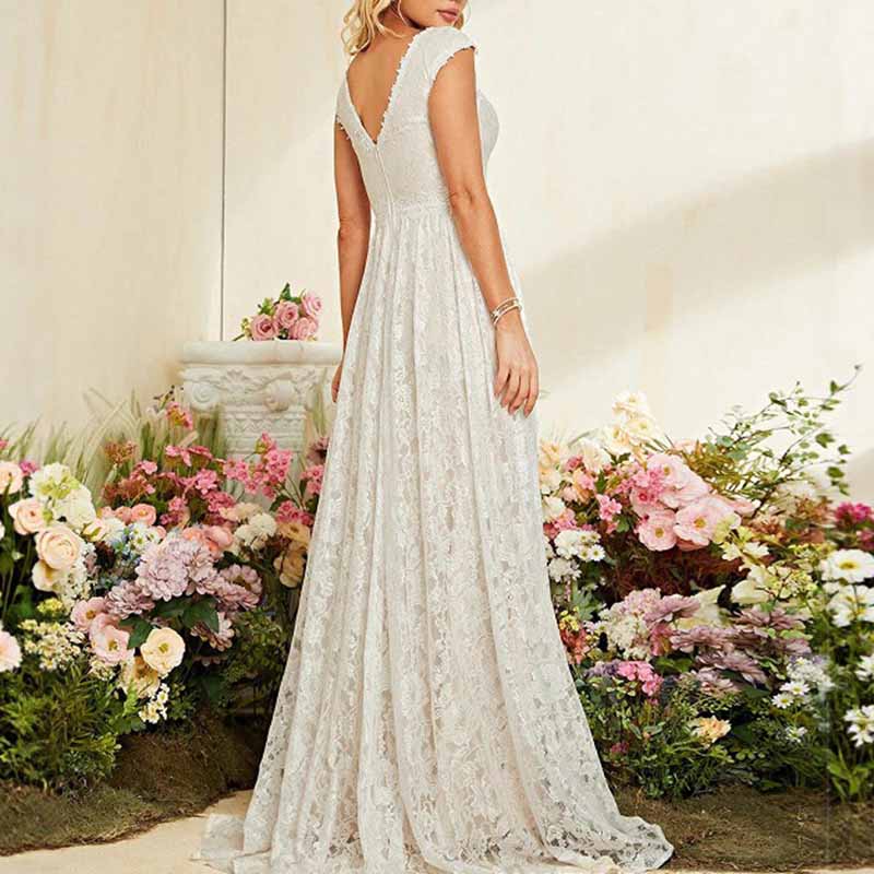 Lace V Neck Wedding Dress – Elegant A Line Bridesmaid Gown for Boho Weddings