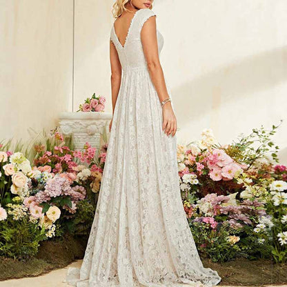 Lace V Neck Wedding Dress – Elegant A Line Bridesmaid Gown for Boho Weddings