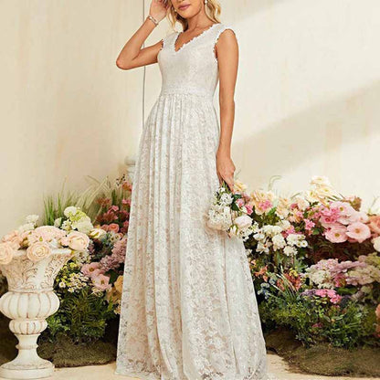 Lace V Neck Wedding Dress – Elegant A Line Bridesmaid Gown for Boho Weddings