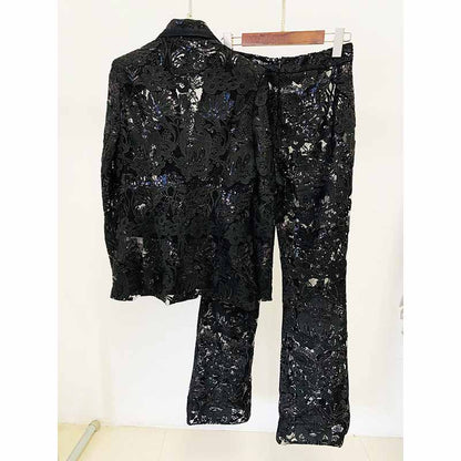 Women Sequined Wedding Suit Lace Blazer + Trousers Two Pieces Set Event Suit