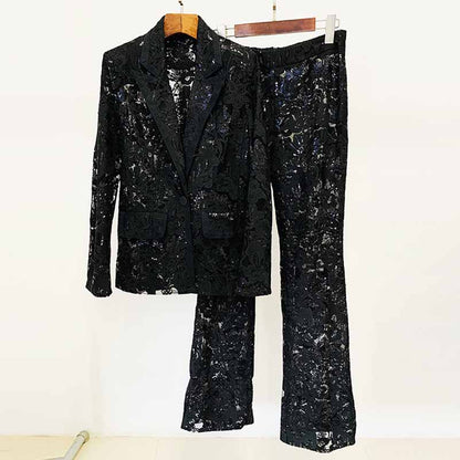 Women Sequined Wedding Suit Lace Blazer + Trousers Two Pieces Set Event Suit