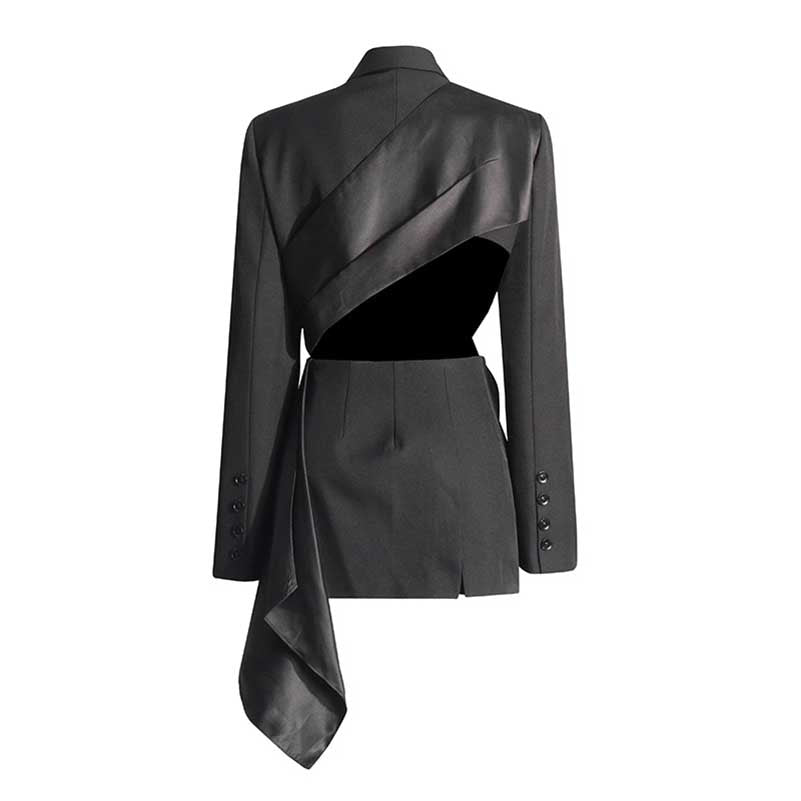 Women's Black Coat Asymmetric Cutout Silk-blend Satin blazer