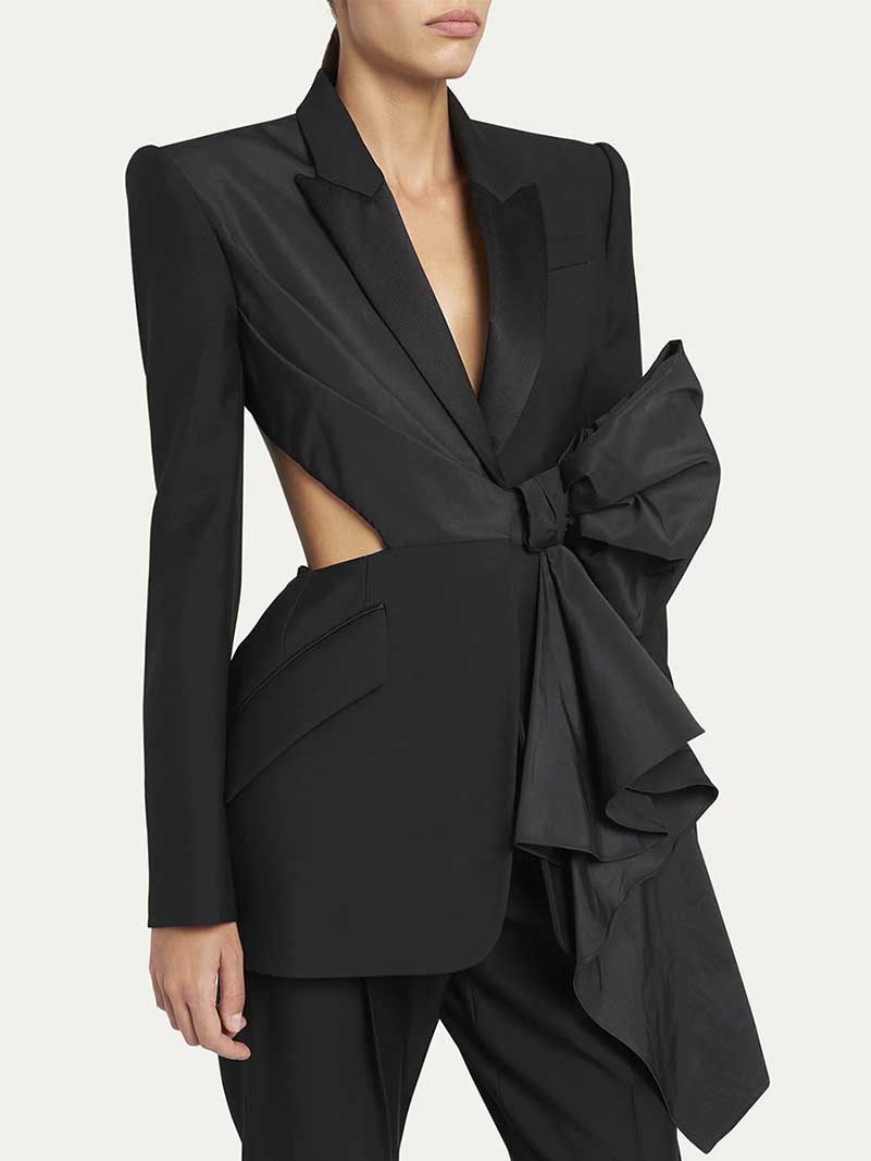 Women's Black Coat Asymmetric Cutout Silk-blend Satin blazer