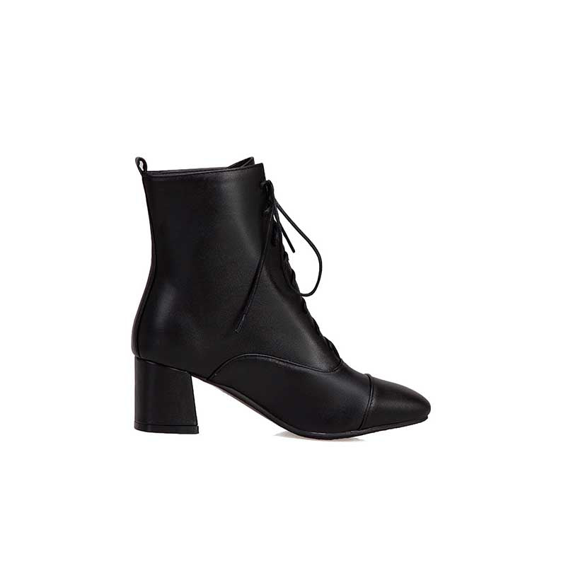 Women Lace-Up Faux Leather Block Heel Ankle Boots Dress Boots