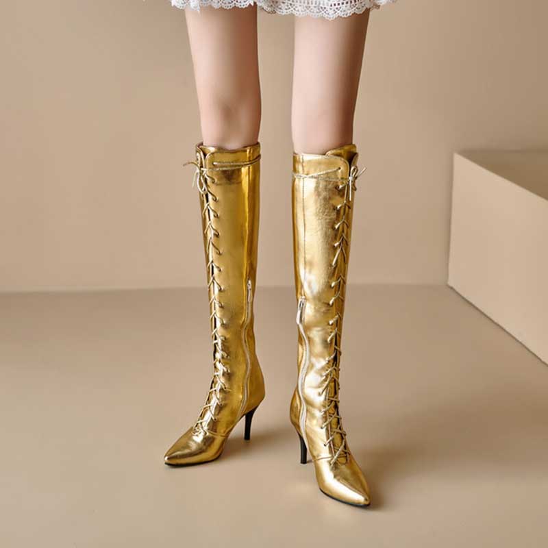 Metallic Microfiber Leather Heeled Lace Up Knee High Boots