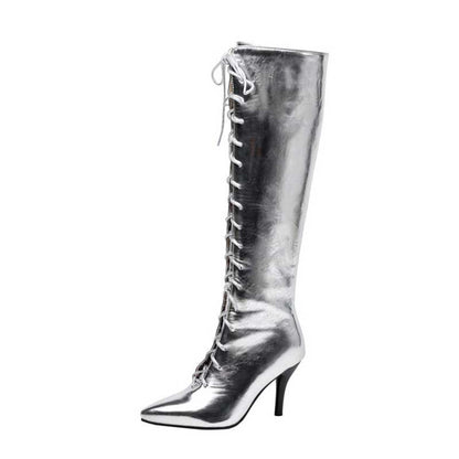 Metallic Microfiber Leather Heeled Lace Up Knee High Boots