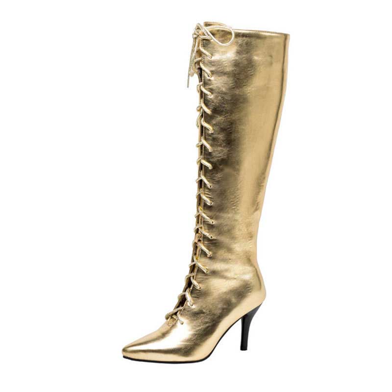 Metallic Microfiber Leather Heeled Lace Up Knee High Boots