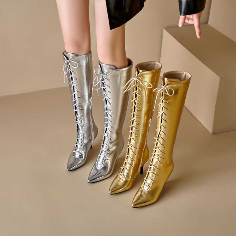 Metallic Microfiber Leather Heeled Lace Up Knee High Boots