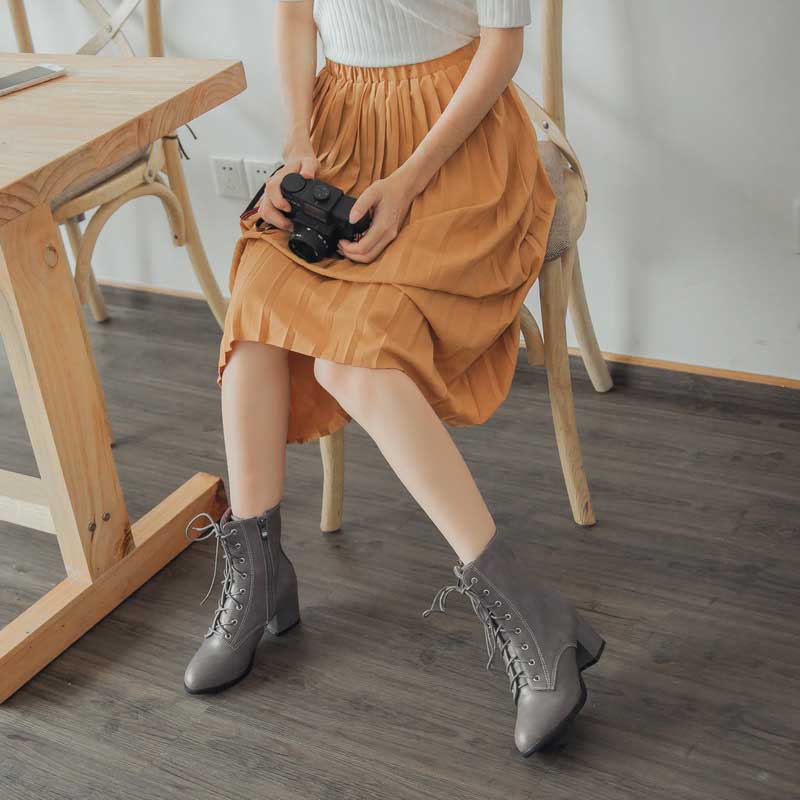 Women Faux Leather Block Heel Zip Ankle Boots Casual Dress Boots