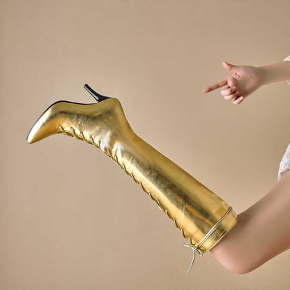Metallic Microfiber Leather Heeled Lace Up Knee High Boots