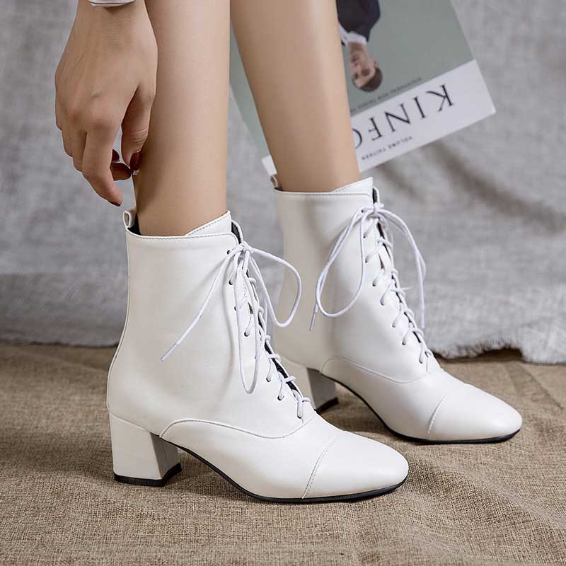 Women Lace-Up Faux Leather Block Heel Ankle Boots Dress Boots