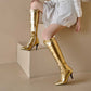 Metallic Microfiber Leather Heeled Lace Up Knee High Boots