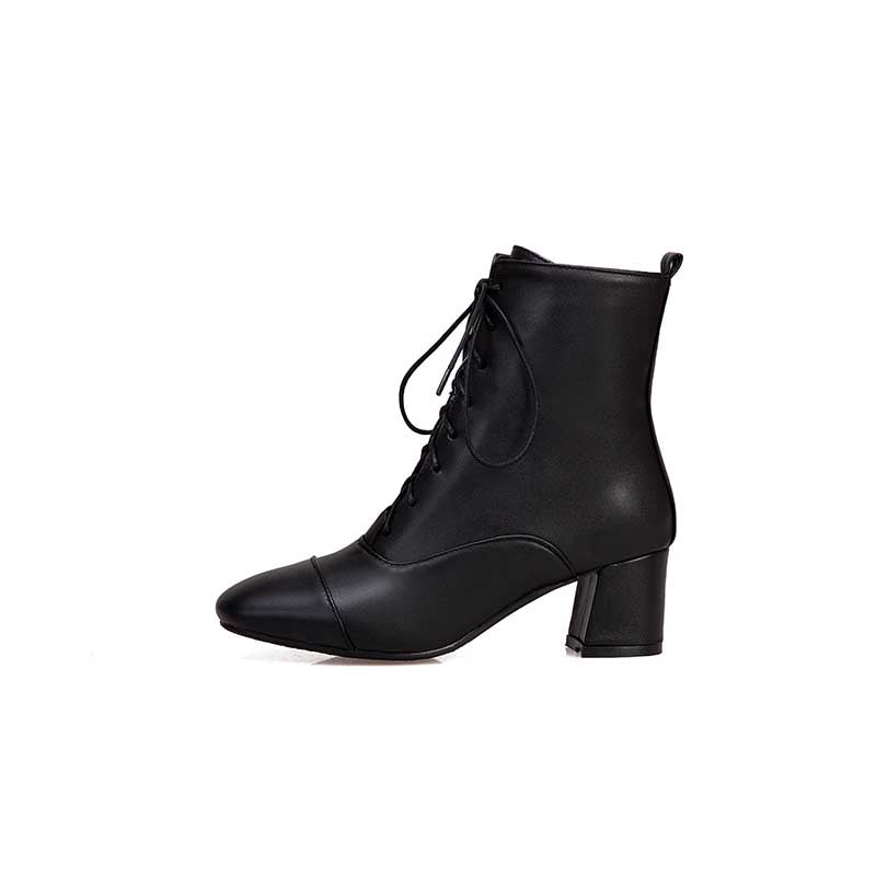 Women Lace-Up Faux Leather Block Heel Ankle Boots Dress Boots