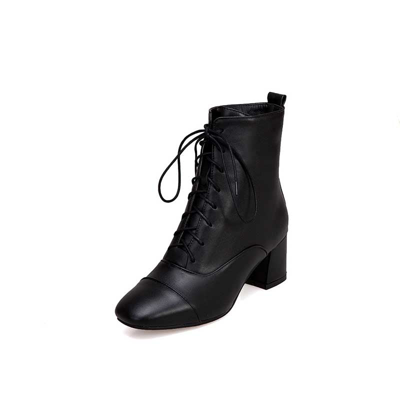 Women Lace-Up Faux Leather Block Heel Ankle Boots Dress Boots