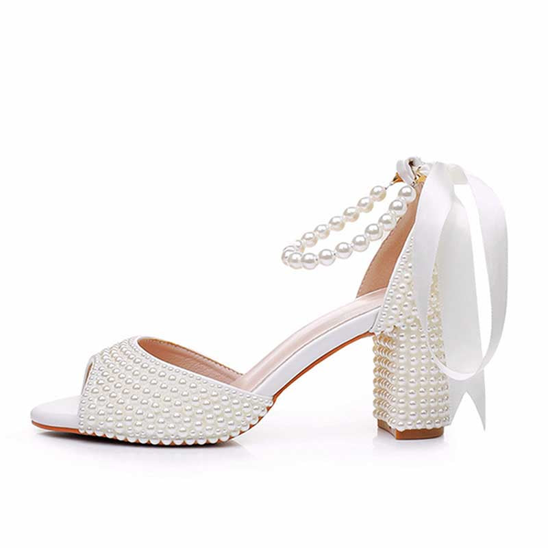 2.95" Chunky Lace Up Pearls Wedding Sandals Vintage Peep Toe Bridal Shoes