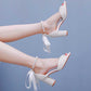 2.95" Chunky Lace Up Pearls Wedding Sandals Vintage Peep Toe Bridal Shoes