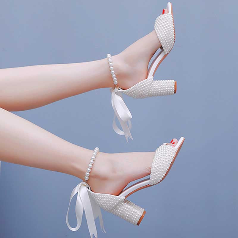 2.95" Chunky Lace Up Pearls Wedding Sandals Vintage Peep Toe Bridal Shoes