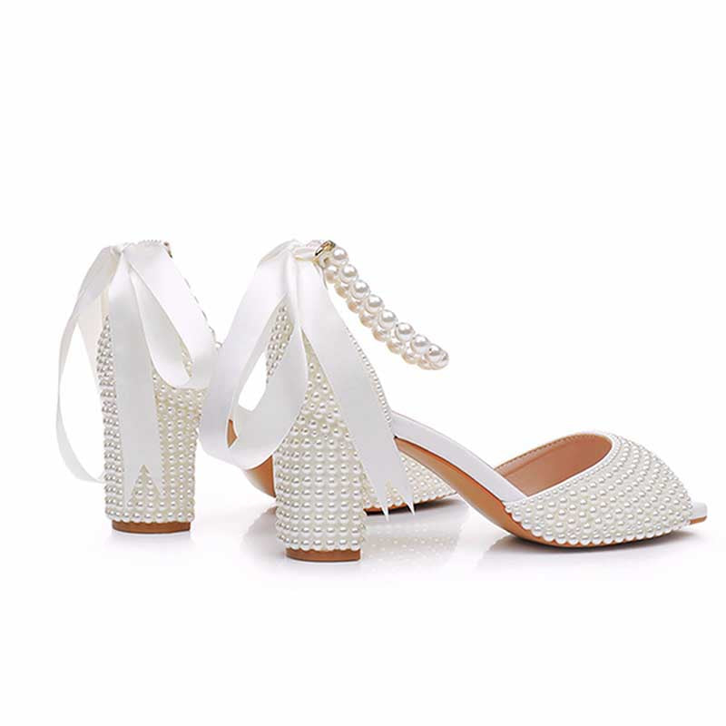 2.95" Chunky Lace Up Pearls Wedding Sandals Vintage Peep Toe Bridal Shoes