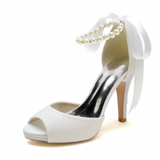 Ankle Pearled Strap Party Shoes Lace Up Sparkling Pumps Open Toe Heeled Bridal Shoes