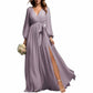 Long Sleeve Chiffon Bridesmaid Dresses Lace-Up Prom Dress V-Neck Pleated Wedding Party Gown