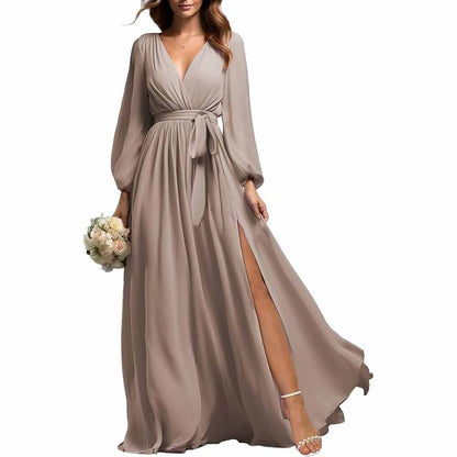 sd-hk Long Sleeve Chiffon Bridesmaid Dress with Slit