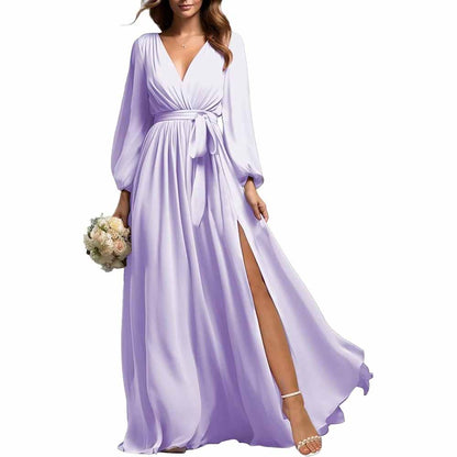 sd-hk Long Sleeve Chiffon Bridesmaid Dress with Slit
